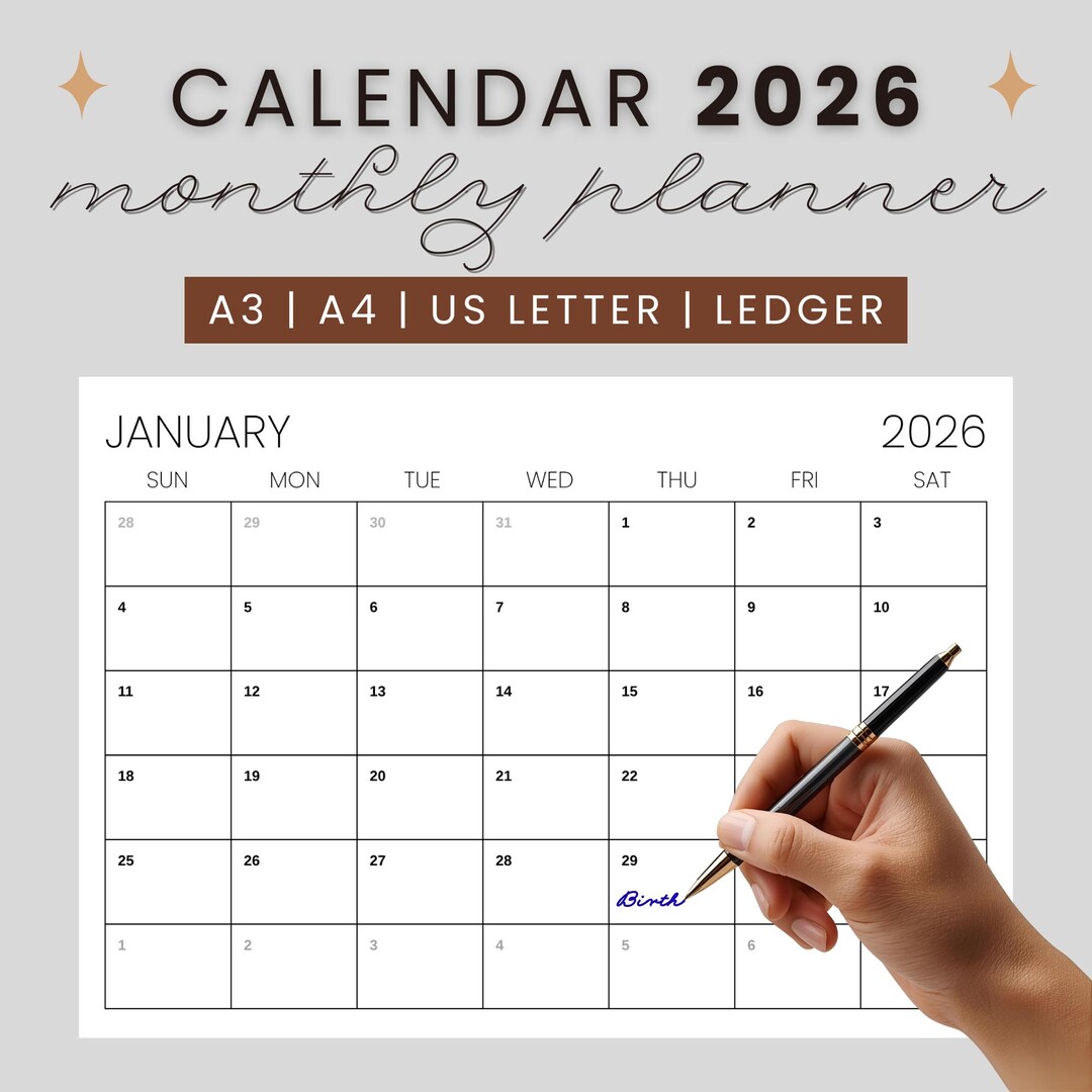 Modelo de calendário mensal de 2026 | Planejador minimalista para ...