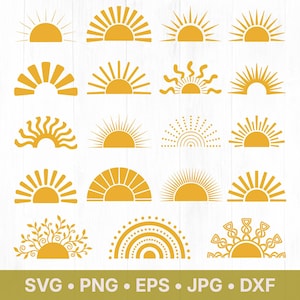 Könnte beinhalten: Eine Sammlung von zwanzig gelben Sonnen-Icons in einem Raster. Jedes Icon zeigt eine halbkreisförmige Basis mit verschiedenen Strahlenstilen, darunter gerade Linien, Wellenlinien, Punkte und Blattmuster. Der Text SVG, PNG, EPS, JPG, DXF steht unten.