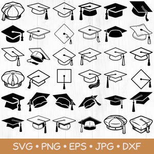 May include: A collection of thirty-six black and white graphic icons depicting various graduation caps and mortarboards in different angles and styles, featuring tassels and square tops, with the text SVG, PNG, EPS, JPG, DXF at the bottom.