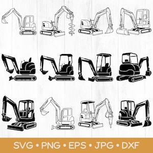 Puede incluir: Una colección de doce ilustraciones digitales en blanco y negro que muestran varias excavadoras de construcción en diferentes poses y configuraciones, incluyendo modelos con cucharas, taladros y cuchillas, con el texto SVG, PNG, EPS, JPG, DXF.
