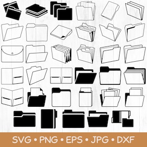 Puede incluir: Una colección de treinta y cinco iconos digitales en blanco y negro que representan varios estilos de carpetas de oficina, incluyendo diseños abiertos, cerrados y de acordeón, presentados en una cuadrícula con el texto SVG, PNG, EPS, JPG, DXF abajo.