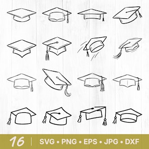 Può includere: Una collezione di 16 illustrazioni in bianco e nero di cappelli di laurea. Ogni cappello è disegnato con diverse prospettive e stili di nappe. L'immagine include testo che indica i formati di file: SVG, PNG, EPS, JPG e DXF.