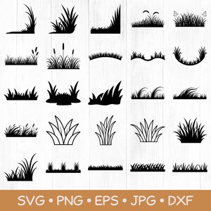 Pode incluir: Uma coleção de vinte e cinco ilustrações em silhueta preta de vários tufos de relva, manchas e bordas dispostos numa grelha. Os desenhos apresentam diversas formas de lâminas, alturas e densidades, incluindo alguns com taboas.