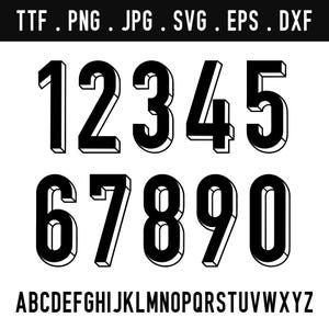 Pode incluir: Um gráfico digital apresentando os números de 1 a 0 em uma fonte de bloco preta, ousada e tridimensional com contornos brancos. O texto TTF . PNG . JPG . SVG . EPS . DXF aparece no topo e o alfabeto de A a Z na parte inferior.