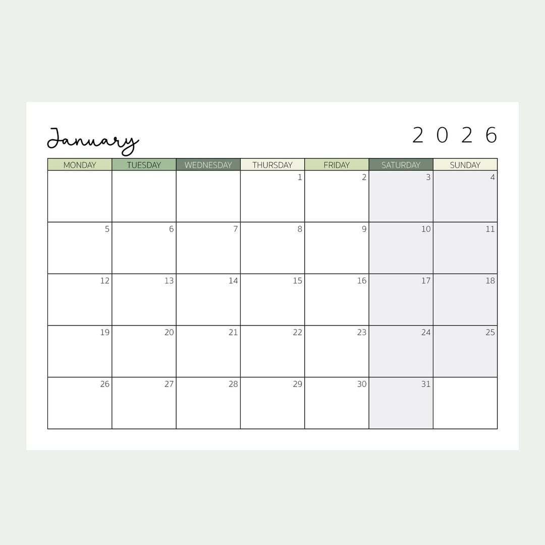 2026 Printable Monthly Calendar Pdf, Monday Sunday Start, Minimalist ...