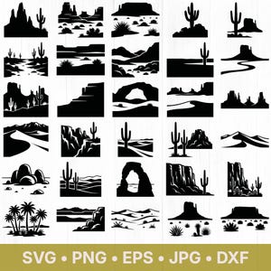 Könnte beinhalten: Eine Sammlung von dreißig schwarz-weißen Wüstenlandschafts-Silhouetten mit Saguaro-Kakteen, Tafelbergen, Felsbögen, Sanddünen und Palmen. Das Grafikset enthält verschiedene aride Geländeszenen und geologische Formationen in einem flachen Vektorstil.