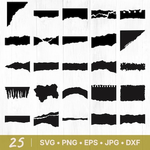 May include: A collection of 25 black torn paper edges in various shapes and sizes. The image includes file type options: SVG, PNG, EPS, JPG, and DXF. The edges are displayed against a white wood grain background.