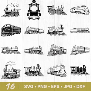 May include: A collection of 16 black and white train illustrations in various styles, including steam locomotives and streamlined trains. The image includes the text "16" and file type options: SVG, PNG, EPS, JPG, and DXF.