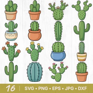 May include: A collection of 16 cartoon cactus illustrations in various shapes and sizes, some with flowers, in terracotta, blue, and striped pots. The image includes the text "16" and file type abbreviations: SVG, PNG, EPS, JPG, and DXF.