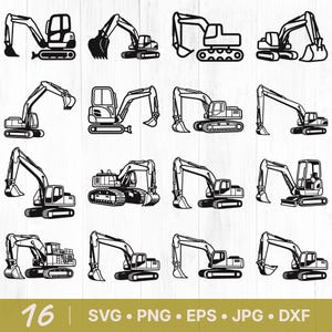 Pode incluir: Uma coleção de 16 ilustrações a preto e branco de escavadoras em várias poses. A imagem inclui o texto "16" e opções de tipo de ficheiro: SVG, PNG, EPS, JPG e DXF.