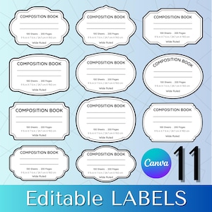 11 Editable Composition Book Labels, School Supply Labels, Teacher Gift, Back to School Organization, Canva Template, Student Labels