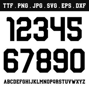 May include: A digital graphic featuring the black numbers 1 through 0 in a bold, blocky varsity font, with the text TTF . PNG . JPG . SVG . EPS . DXF at the top and the alphabet from A to Z in a smaller matching font at the bottom.