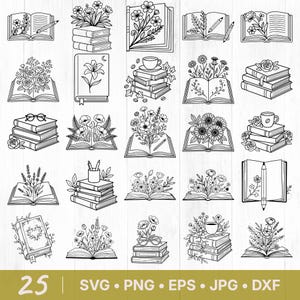 May include: Black and white line art illustrations of books with floral and pencil details. Some books are open, displaying flowers, while others are stacked. The image includes the number "25" and file type abbreviations.
