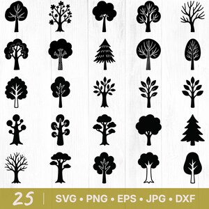 Op de afbeelding: Een verzameling van 25 zwarte boom silhouetten in verschillende stijlen, waaronder loofbomen, groenblijvende bomen en gestileerde ontwerpen. De afbeelding bevat de tekst "25" en bestandstype opties: SVG, PNG, EPS, JPG en DXF.