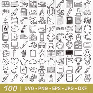 May include: Black and white line art illustrations of school and office supplies, including a pencil, apple, backpack, and more. The image includes the number 100 and file type abbreviations.