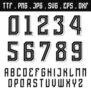 Puede incluir: Un conjunto de fuentes digitales que presenta números de estilo bloque en blanco y negro del cero al nueve con un efecto 3D, seguido del alfabeto en mayúsculas de la A a la Z. La parte superior muestra el texto TTF . PNG . JPG . SVG . EPS . DXF.