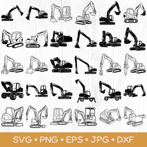 May include: A collection of thirty black and white digital illustrations featuring various construction excavators in different poses and configurations, including tracked and wheeled models, displayed in a grid format with file format text.