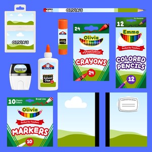 Può includere: Un set di materiale scolastico che include una matita con la scritta Olivia's, una colla stick, un temperamatite, un flacone di colla, una scatola di 24 pastelli a cera, 12 matite colorate con la scritta Emma, pennarelli e due quaderni.