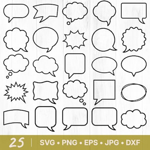 Pode incluir: Uma coleção de 25 designs de balões de fala em preto e branco em várias formas. A imagem inclui o texto "25 | SVG • PNG • EPS • JPG • DXF".