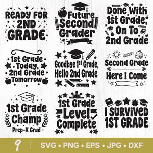 以下が含まれることがあります： 「Ready for 2nd Grade」や「Future Second Grader」などのフレーズが書かれた、白黒の学校をテーマにしたグラフィックのコレクション。星、リンゴ、鉛筆、卒業キャップ、バナーなどのデザインが含まれています。