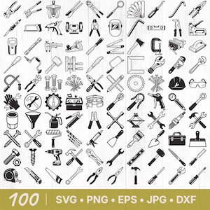 Op de afbeelding: Een verzameling van 100 zwart-wit illustraties van diverse gereedschappen, waaronder hamers, sleutels, zagen, tangen en meer. De afbeelding bevat de tekst "100 SVG • PNG • EPS • JPG • DXF" onderaan.
