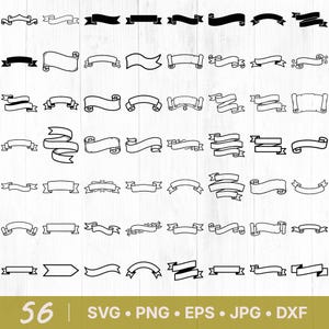 May include: A collection of 56 black and white banner designs in various shapes and styles. The image includes SVG, PNG, EPS, JPG, and DXF file formats.