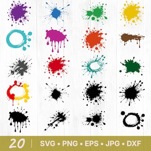 Puede incluir: Una colección de 20 salpicaduras de pintura coloridas en varias formas y tamaños, incluyendo formas redondas, ovaladas e irregulares. Las salpicaduras son en tonos de morado, azul, verde, amarillo, marrón, rosa, naranja, rojo, turquesa y negro.