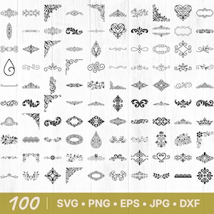 May include: A collection of 100 black decorative design elements, including corners, borders, and flourishes. The designs are in SVG, PNG, EPS, JPG, and DXF formats. The elements are displayed on a white wooden background.