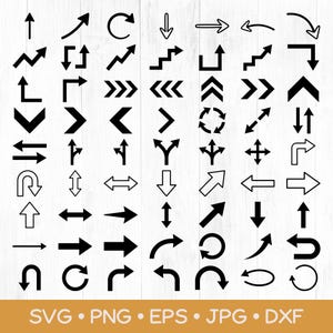 May include: A collection of black and white arrow icons in various shapes, including straight, curved, angled, and circular designs. The bottom of the image features the text SVG, PNG, EPS, JPG, DXF in white letters on a solid orange background.