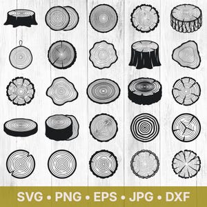May include: A collection of twenty-five black and white vector illustrations featuring various tree stump cross-sections, log slices, and wood grain patterns with concentric rings, displayed in a grid format with the text SVG PNG EPS JPG DXF.