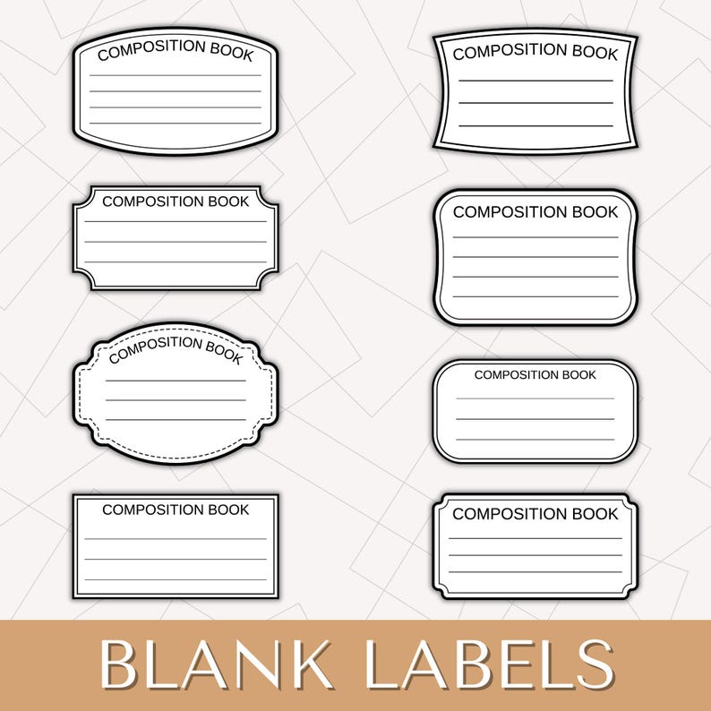 May include: A collection of eight blank composition book labels in various shapes, each with the text "COMPOSITION BOOK" at the top and horizontal lines for writing. The phrase "BLANK LABELS" is at the bottom in a serif font.