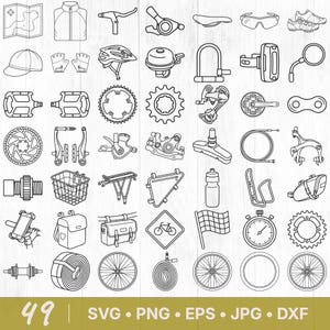Peut inclure: Illustration en noir et blanc de 49 icônes liées au cyclisme, comprenant une carte, une veste, des leviers de frein, une selle, des lunettes de soleil, des chaussures, une casquette, des gants, un casque, une cloche, un cadenas, un rétroviseur, des pédales, des plateaux, des dérailleurs, des freins, un panier, un porte-bagages, une gourde, etc.