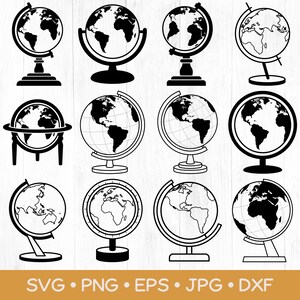 May include: A collection of twelve black and white graphic illustrations of globes on various stands. Each globe features different continental outlines and meridians. The bottom of the image displays the text SVG, PNG, EPS, JPG, DXF.