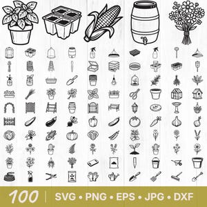 May include: Black and white line art illustrations of gardening and farming elements. Includes a potted plant, seed trays, corn, a barrel, flowers, and various tools and vegetables. The image also includes the text "100 SVG • PNG • EPS • JPG • DXF".