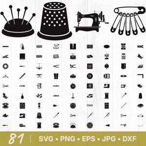Può includere: Grafica in bianco e nero a tema cucito con un cuscinetto per spilli, un ditale, una macchina da cucire e spille di sicurezza. Ulteriori icone includono forbici, aghi, rocchetti di filo, bottoni e altri accessori per cucire. L'immagine include il testo "81 SVG • PNG • EPS • JPG • DXF".