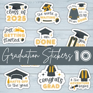 May include: A collection of graduation stickers with various designs and phrases in black, yellow, and white. The stickers feature graduation caps, gowns, and celebratory text like "Class of 2025" and "Congrats Grad."