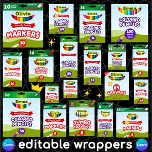 May include: A collection of various product wrappers for school supplies including markers, coloured pencils, and crayons. Each wrapper features the brand names Emma or Olivia, specific colour counts, and illustrations of the respective art tools.