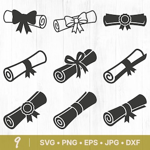 Peut inclure: Neuf illustrations de rouleaux noirs et blancs avec divers motifs de rubans et de sceaux. Les rouleaux sont enroulés et attachés avec des rubans ou ont un sceau circulaire. Le bas de l'image comprend le texte "9 | SVG • PNG • EPS • JPG • DXF".