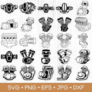 Può includere: Una collezione di venticinque illustrazioni vettoriali in bianco e nero che raffigurano vari design di motori a combustione interna, incluse configurazioni a V, in linea e piatte, disposte in una griglia con testo sui formati in basso.