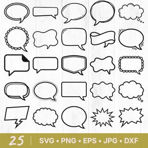 Op de afbeelding: Een verzameling van 25 zwart-witte tekstballonontwerpen in verschillende vormen en stijlen. Inclusief ovale, rechthoekige, wolk- en steruitbarstingsvormen. De tekst "25 | SVG • PNG • EPS • JPG • DXF" staat onderaan de afbeelding.