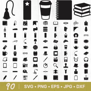 May include: A collection of 90 black and white vector icons, including a tassel, bookmark, coffee cup, spiral notebook, and stacked books. Other icons include office supplies, stationery, and digital devices. The image also includes file type information.
