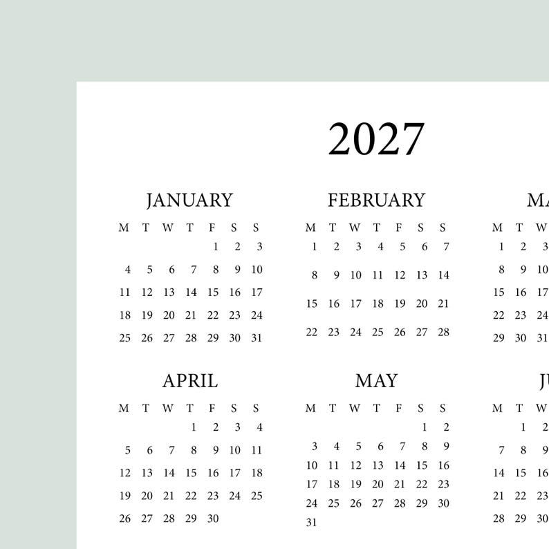 2027 Yearly Calendar | Minimalist One Page Layout | Digital Download ...