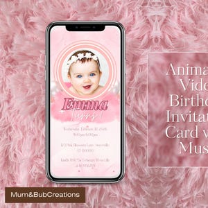 Convite digital de aniversário com tema rosa, convite digital editável, vídeo animado para festa de aniversário rosa, cartão de primeiro aniversário para meninas em tons pastel com música