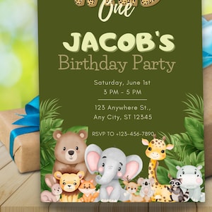 Cartão de aniversário Wild One, convite para festa de aniversário na selva, cartão de primeiro aniversário para menino Safari, feliz aniversário, cartão de aniversário para menino com tema animal Wild One