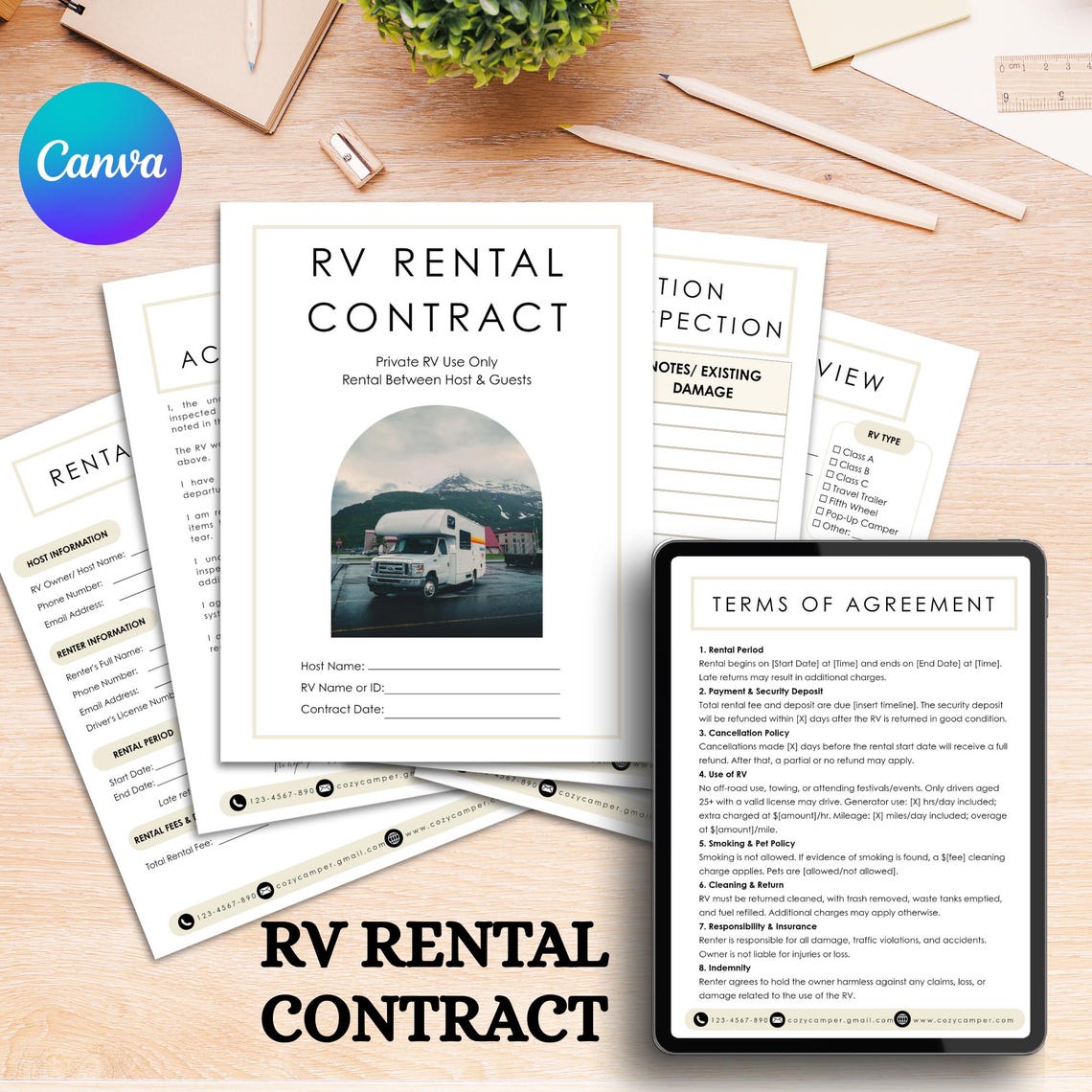 Printable RV Rental Agreement Template, Editable Canva Contract for RV ...