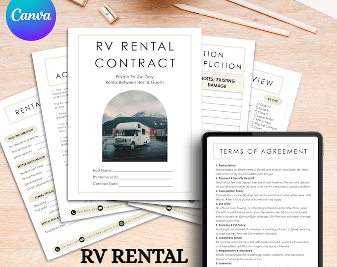 Printable RV Rental Agreement Template, Editable Canva Contract for RV ...