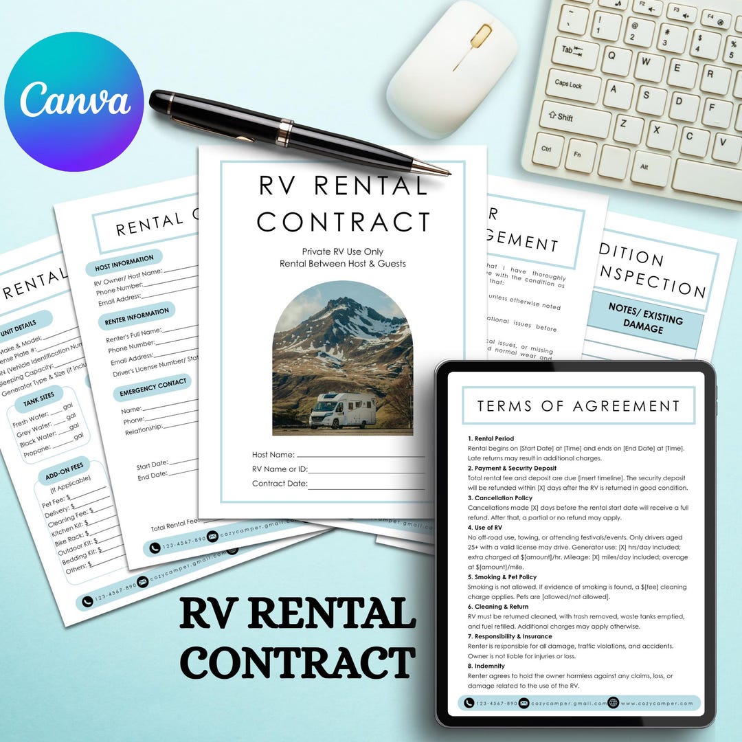 Personal Rv Rental Form RV Rental Contract Template, Editable Canva Camper Rental Agreement ...