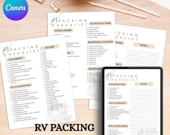 Lista de equipaje para autocaravana (imprimible), lista de artículos esenciales para autocaravana, lista de equipaje para autocaravana, planificador de viajes en autocaravana, lista de verificación para viajes en autocaravana, lista de verificación para acampar (PDF)