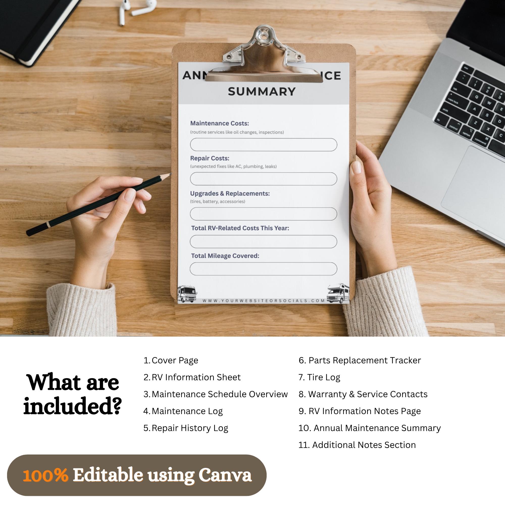 RV Maintenance Logbook, Printable & Editable Canva Template, RV Service ...