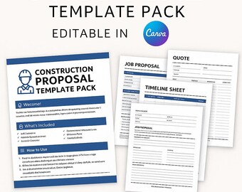 May include: A template pack for construction proposals, with the text "Proposal Template Pack" and "Editable in Canva". The pack includes a construction proposal template, job proposal, quote, and timeline sheet. The design is in blue and white.